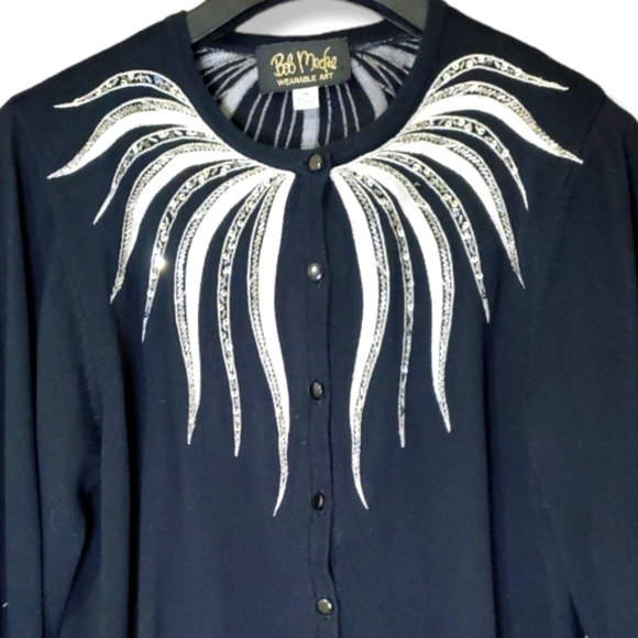 Bob Mackie wearable art black button front cardigan with silver white embellishm - Picture 2 of 7